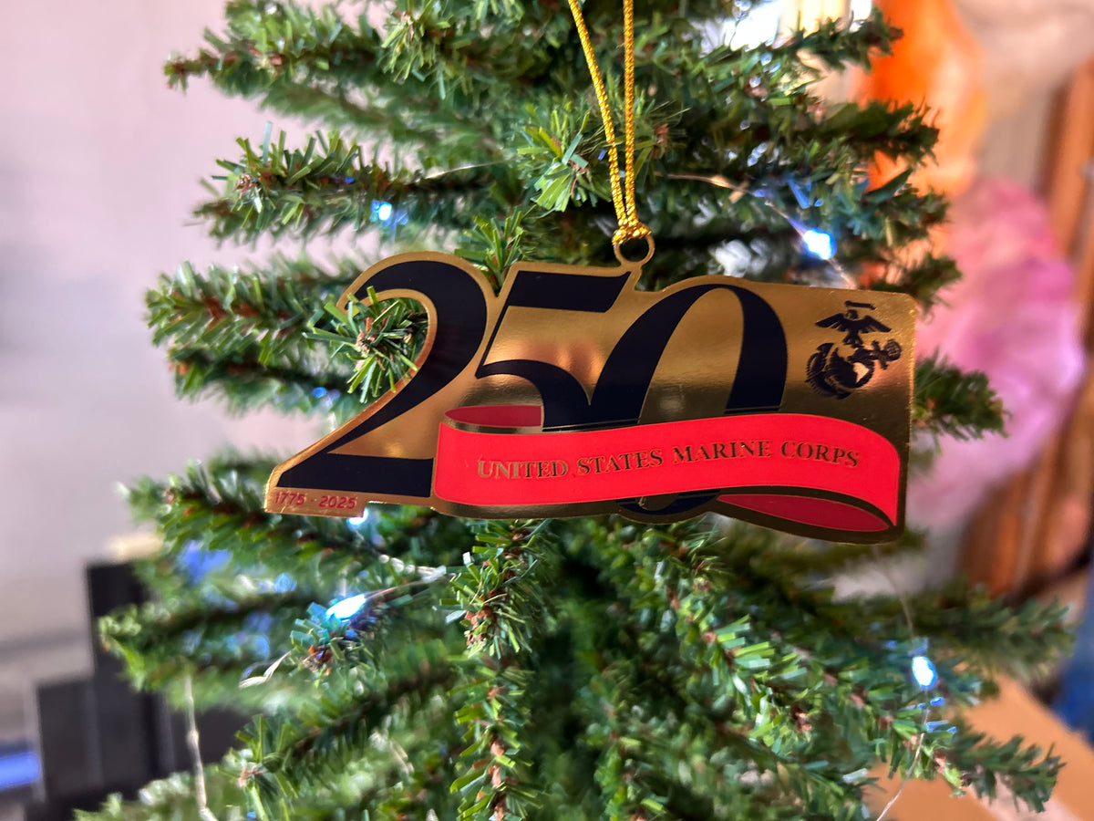USMC 250th anniversary Christmas ornament, gold and black 250 with Eagle, Globe and Anchor and red Marine Corps banner
